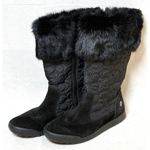 Coach Talen Womens 7M Black Leather Quilted Winter Boots Zip Up Faux Fur Q244 - Picture 1 of 6